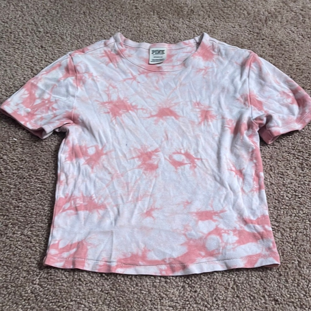 pink and white PINK t shirt